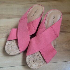 Nine West ImYourSir Coral Pink Strap Cork Wedge Heel Sandal Size 8